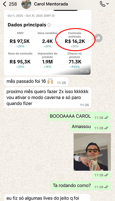 Print WhatsApp: R$ 16,2k de comissão