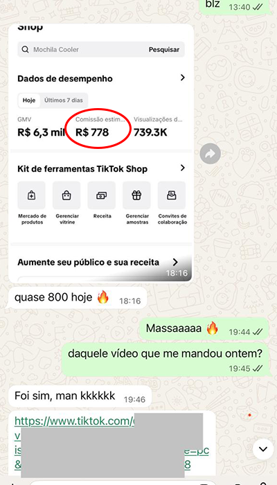 Print WhatsApp: R$ 778 em 1 dia